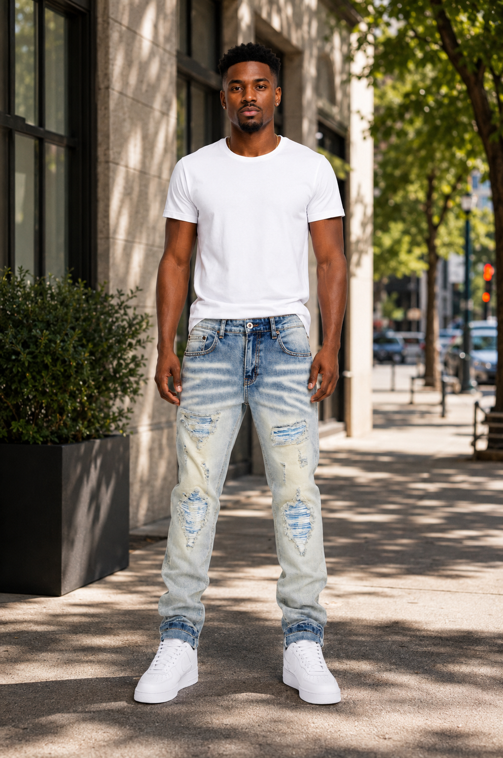 The Golden Line Men’s Light Wash Distressed Denim Jeans – Premium Streetwear Slim Fit Jeans