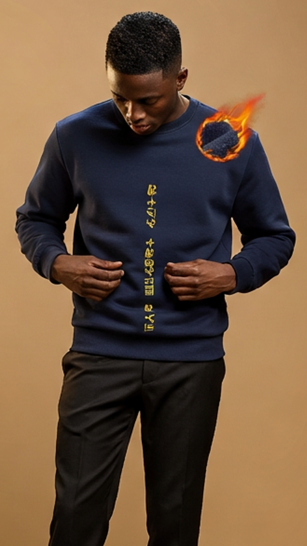 Man wearing a navy blue sweater with text on a brown background