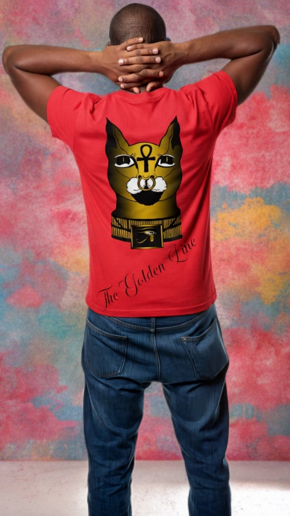 Person wearing a red t-shirt with a graphic design of a cat and text, standing against a colorful abstract background.