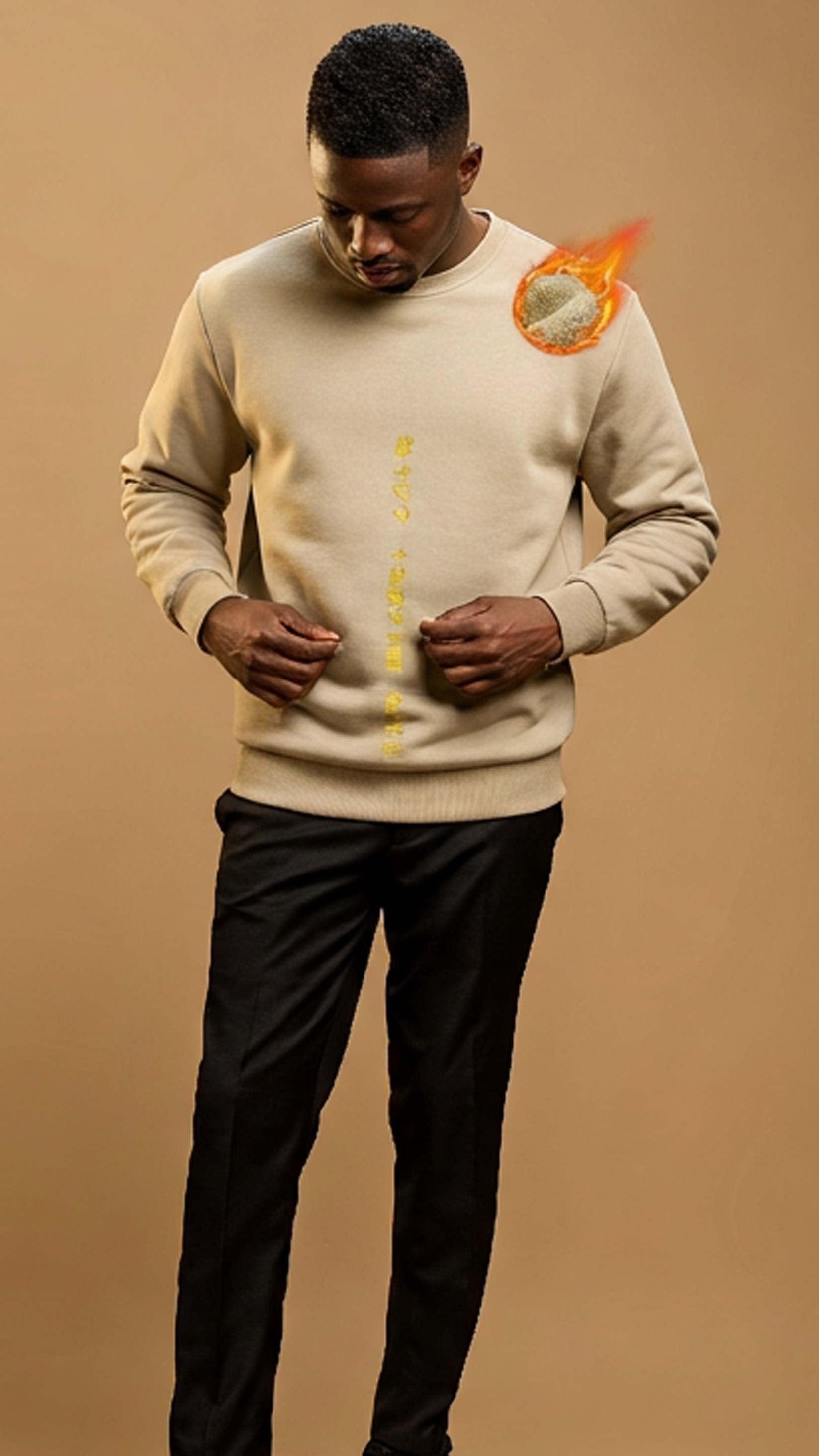 Man wearing a beige sweater with a flame graphic on a brown background