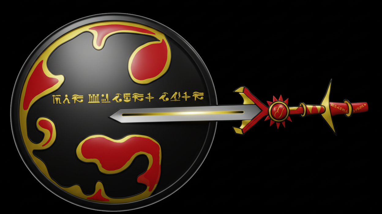 Decorative sword with red and gold design on a black background