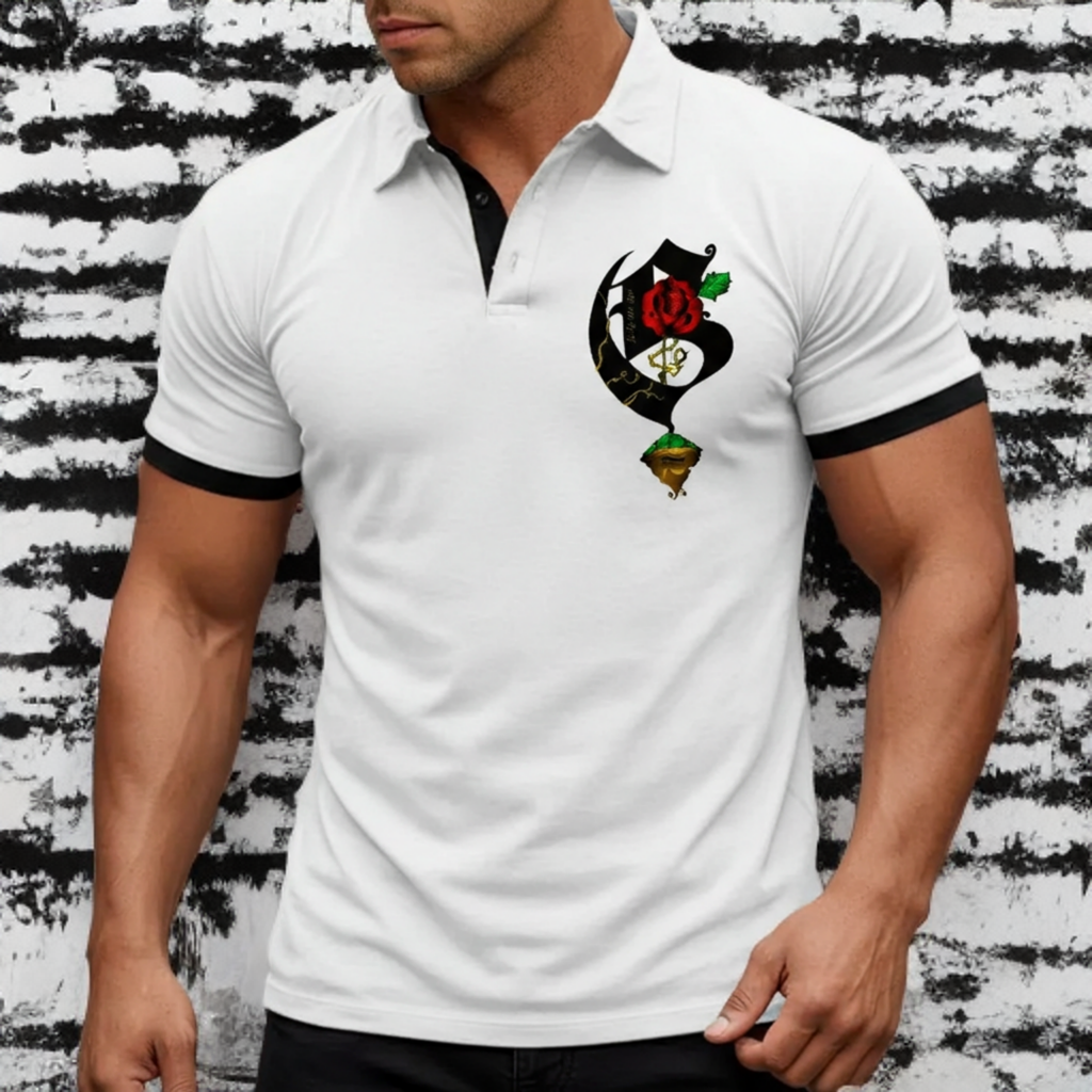 Man wearing a white polo shirt with a black and red design on a textured wall background