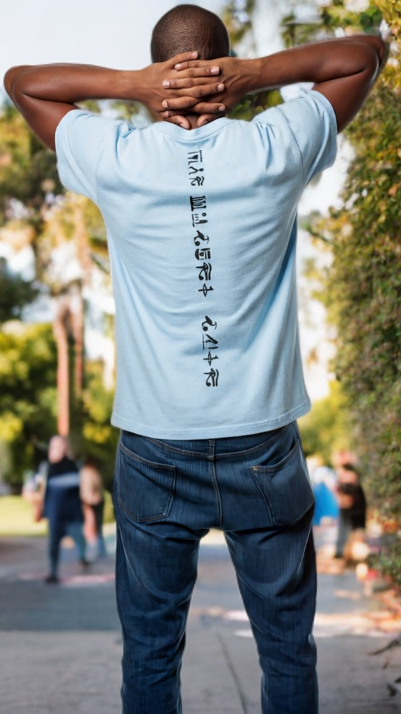Person wearing a light blue t-shirt with text on the back, standing outdoors with trees and people in the background.