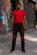 Golden Line Black & Red Distressed Stacked Jeans – Luxury Streetwear Denim