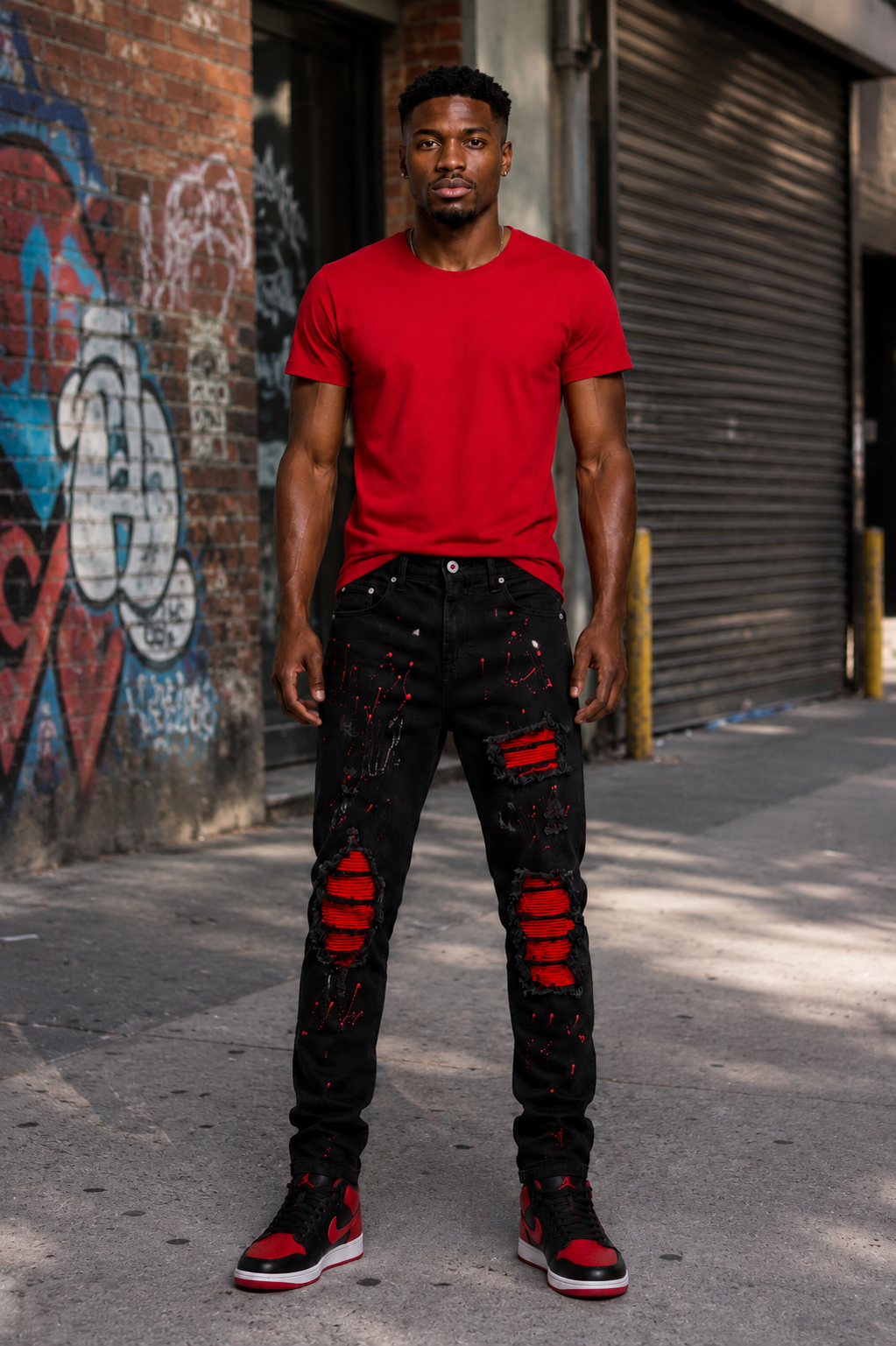 Golden Line Black & Red Distressed Stacked Jeans – Luxury Streetwear Denim