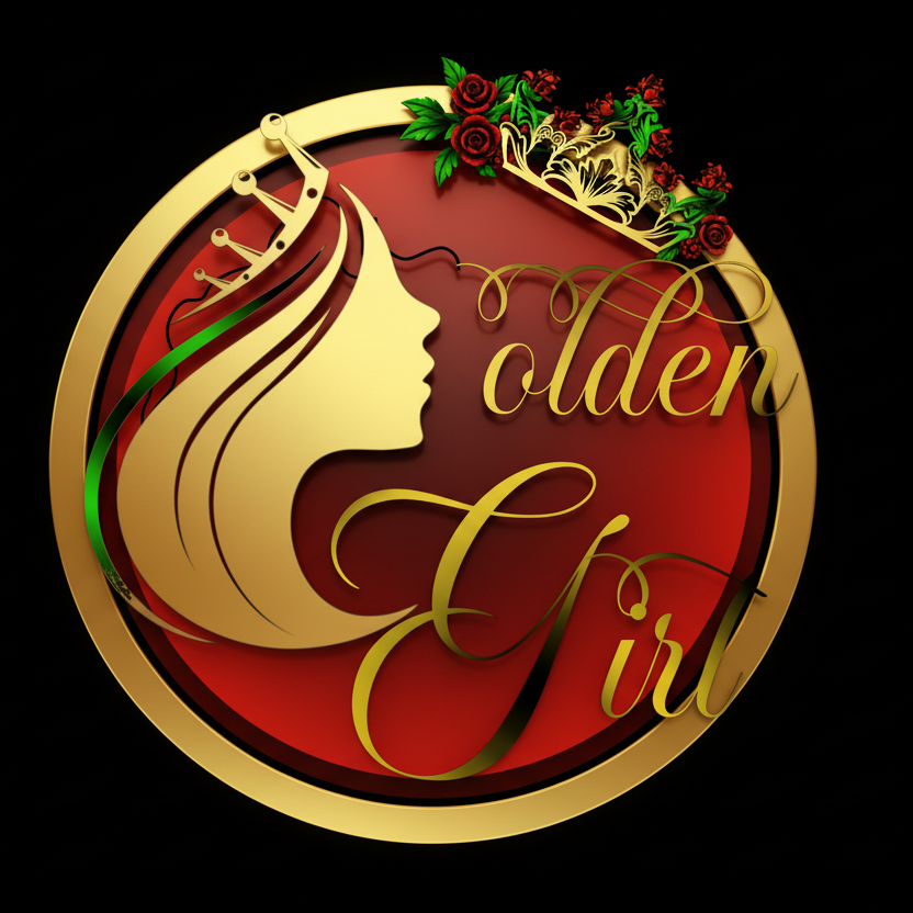 Logo with a stylized face and 'Golden Girl' text on a red and gold background