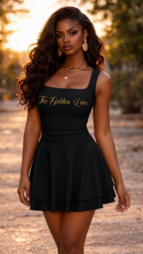 Woman wearing a black dress with 'The Golden Line' branding in an outdoor setting.