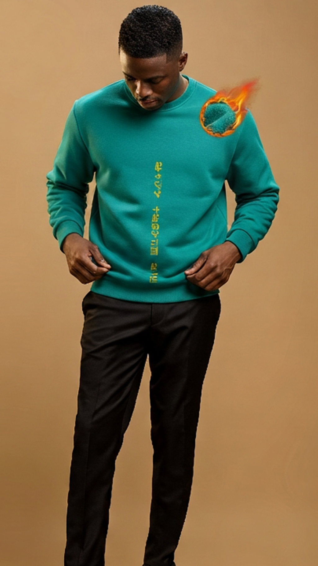 Man wearing a teal sweater and black pants on a beige background