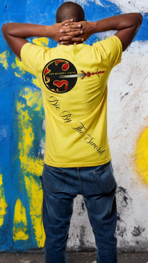 Person wearing a yellow t-shirt with a logo and text, standing against a colorful wall.
