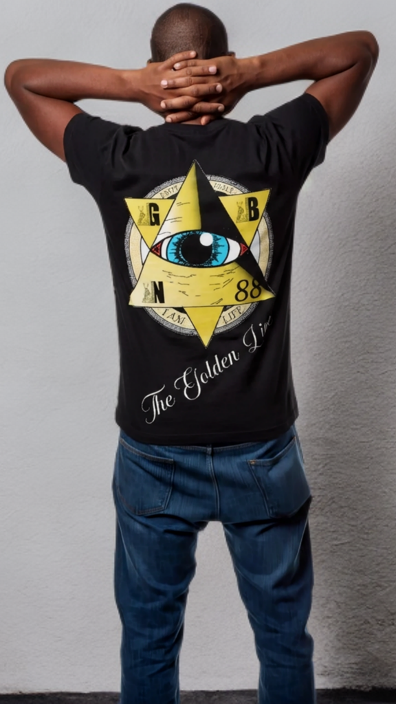 Person wearing a black t-shirt with a symbol design on the back against a plain background