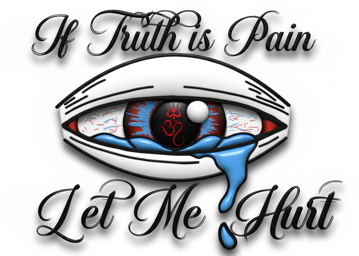 Eye with red and blue design and text 'If Truth is Pain Let Me Hurt' on a white background