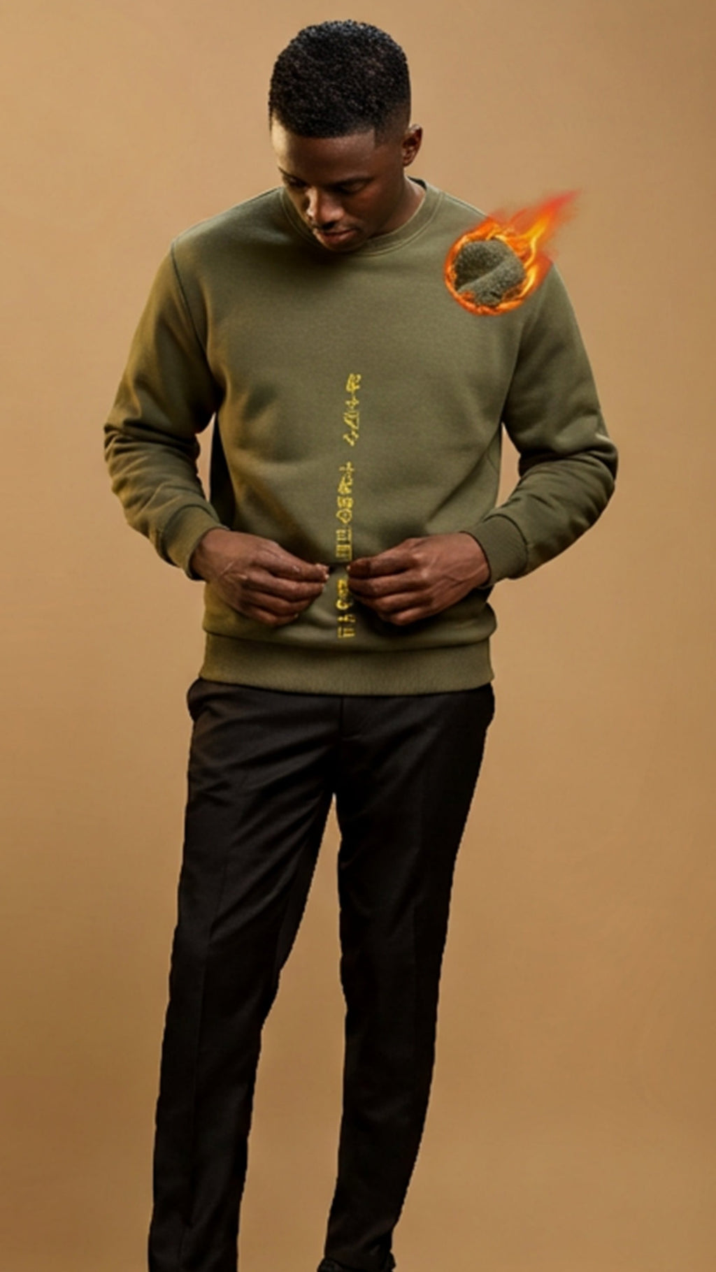 Man wearing a green sweater with text on a beige background