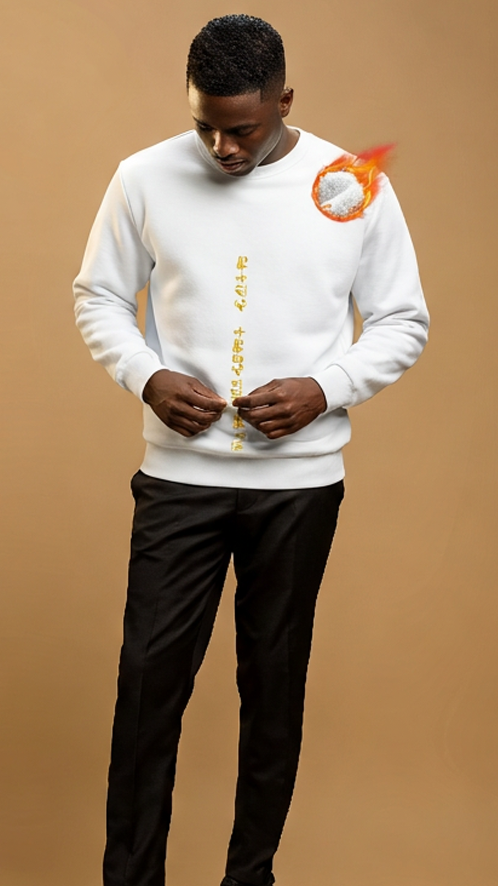 Man wearing a white sweater with text and black pants on a brown background