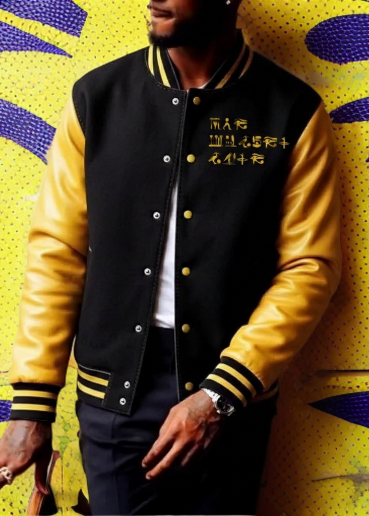 Person wearing a black and yellow varsity jacket against a colorful abstract background