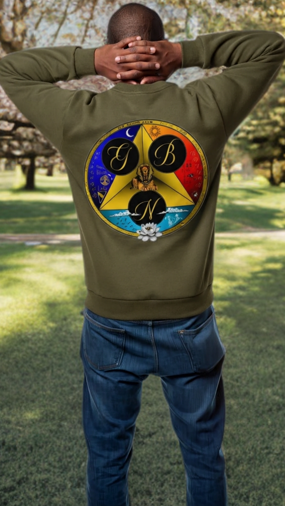 Person wearing a green sweatshirt with a colorful logo outdoors