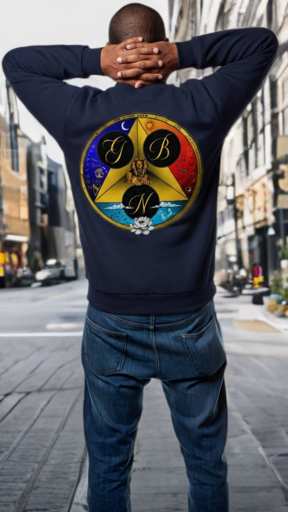Person wearing a navy blue sweatshirt with a colorful logo on the back, standing on a city street.