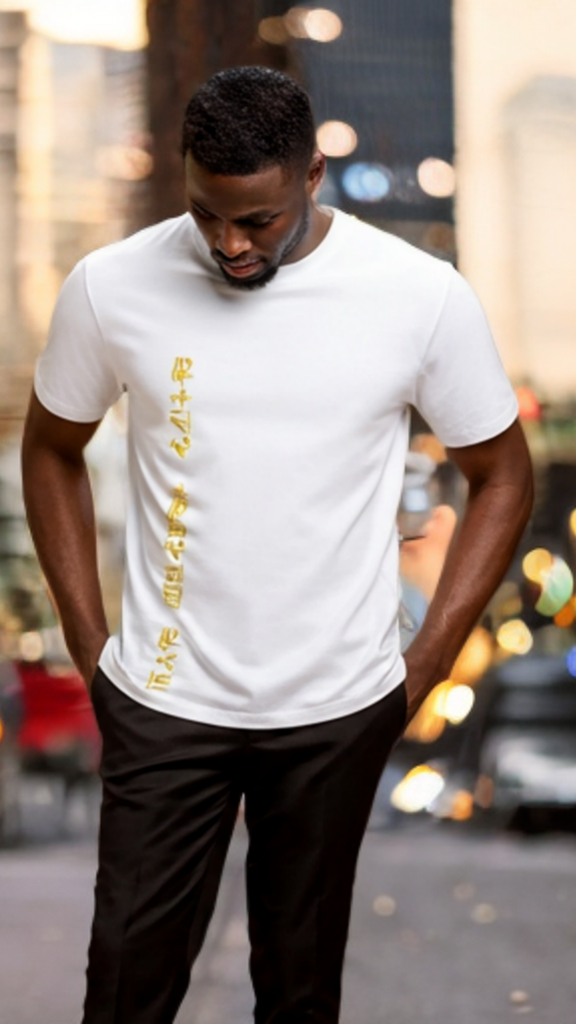 Man wearing a white t-shirt with yellow text on a city street