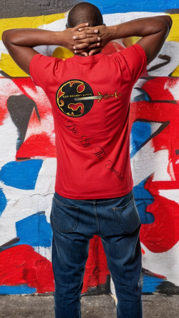 Person wearing a red t-shirt with a logo, standing in front of a colorful graffiti wall.