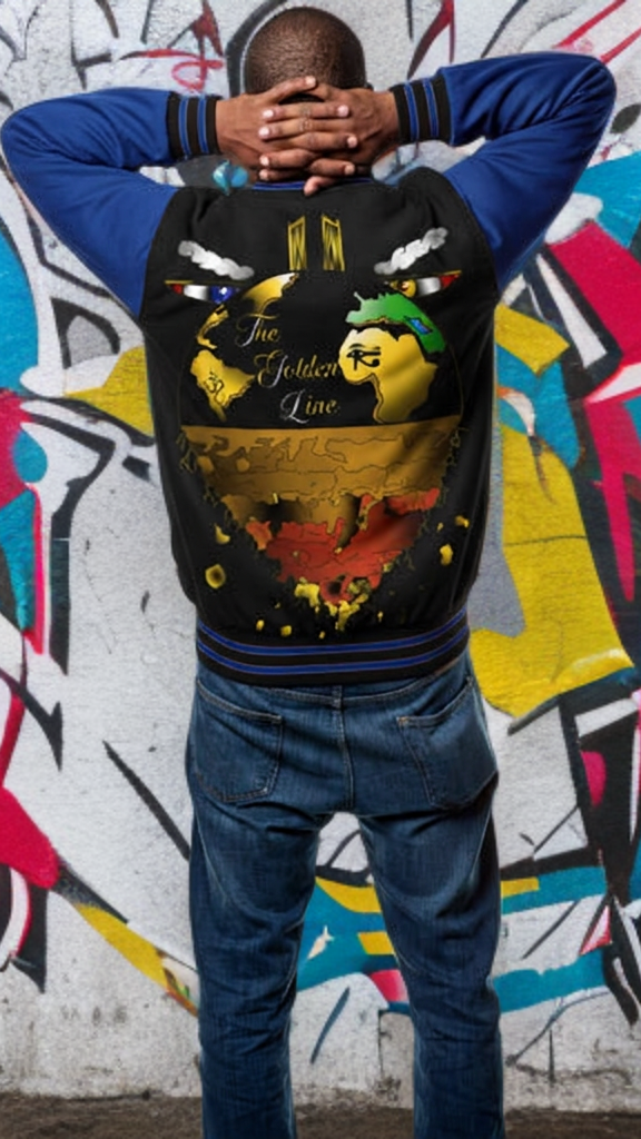 Person wearing a black sweatshirt with colorful graphics and text, standing in front of a graffiti-covered wall.