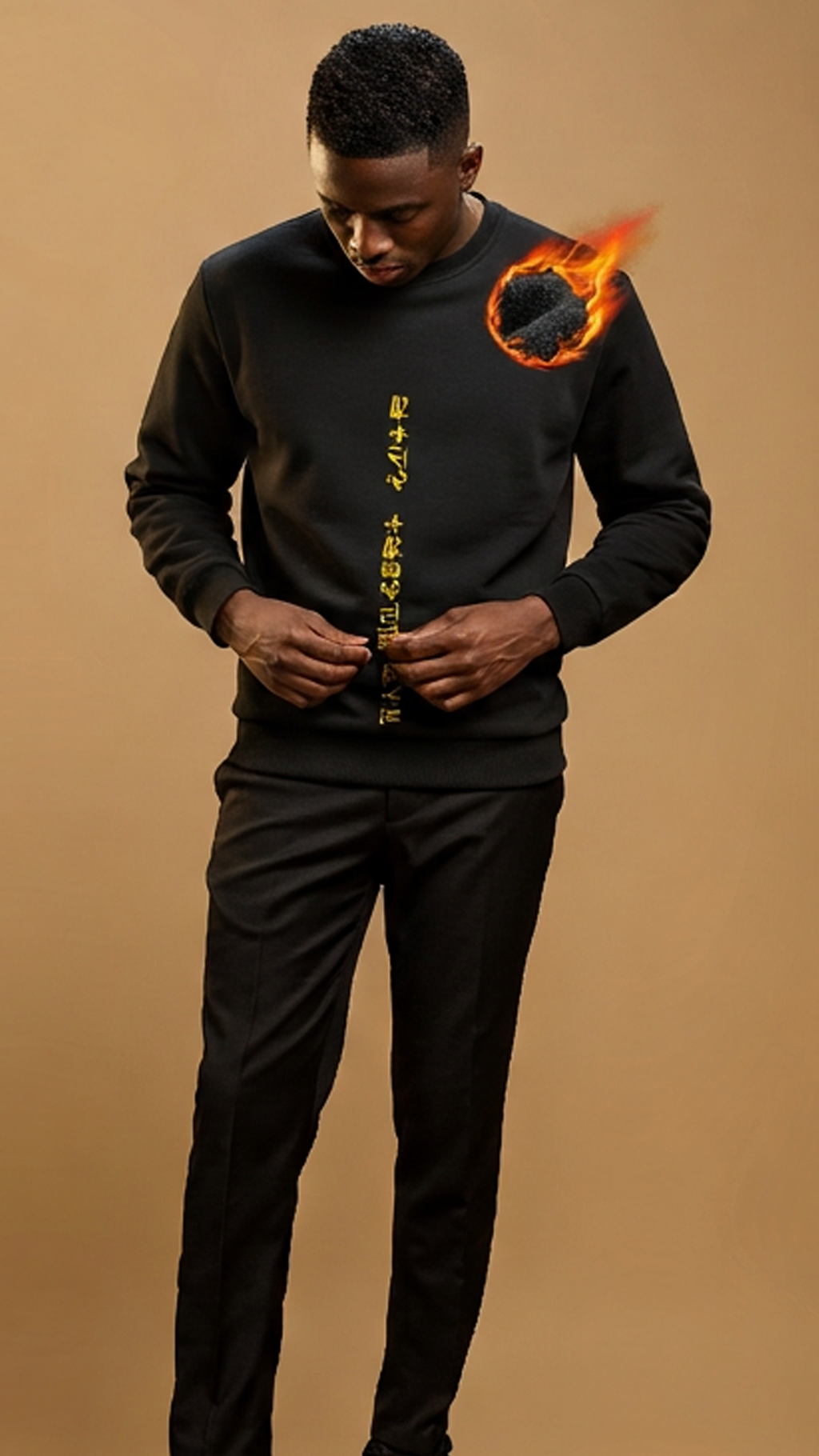 Man wearing a black outfit with a flame graphic on a brown background