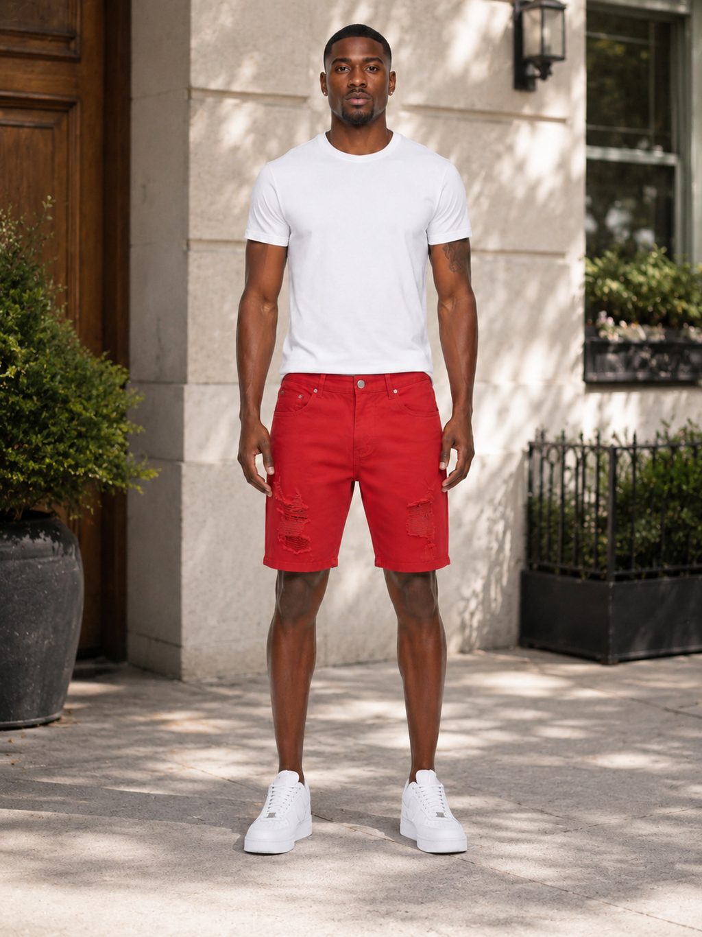 The Golden Line “Crimson Legacy” Distressed Denim Shorts
