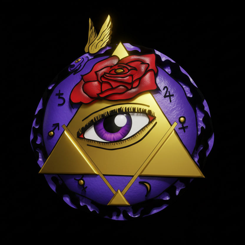 Decorative die with eye, rose, and dragon design on a black background