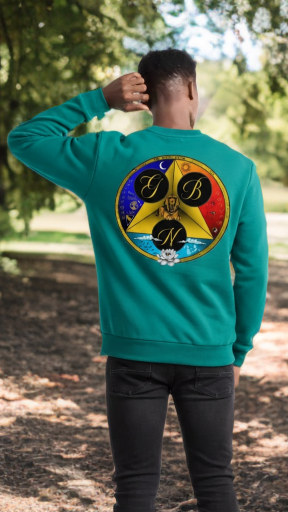 Person wearing a teal sweatshirt with a colorful logo on the back, standing in a park.