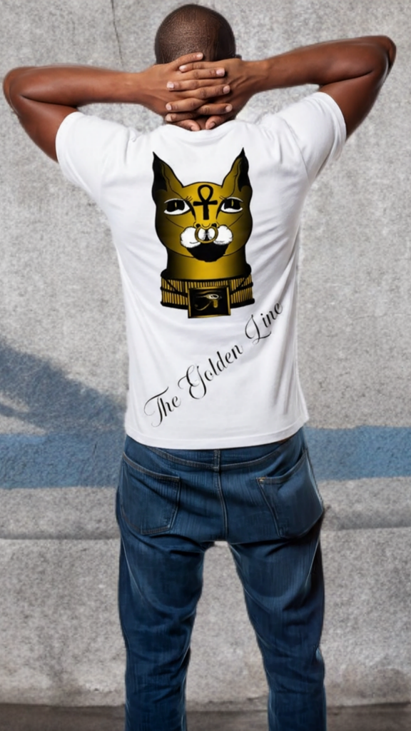 Person wearing a white t-shirt with a graphic design and text, standing against a gray wall.