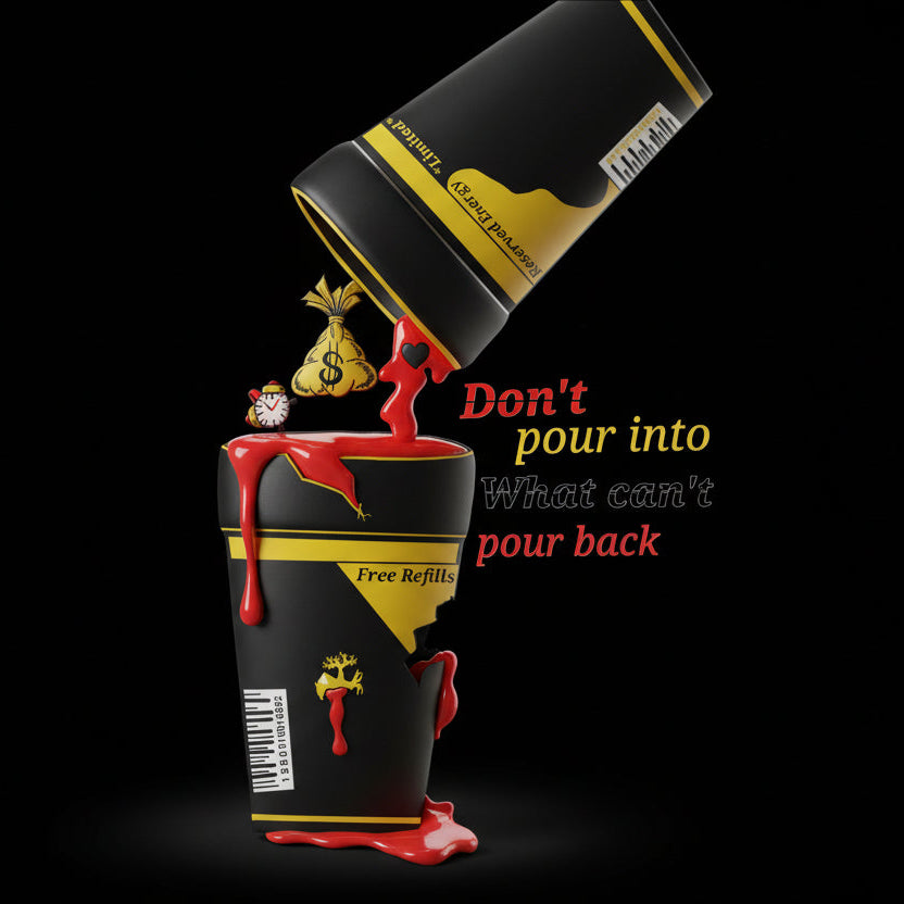 Syraphome cups with a bag of money and a heart, with text 'Don't pour into what can't pour back' on a black background.