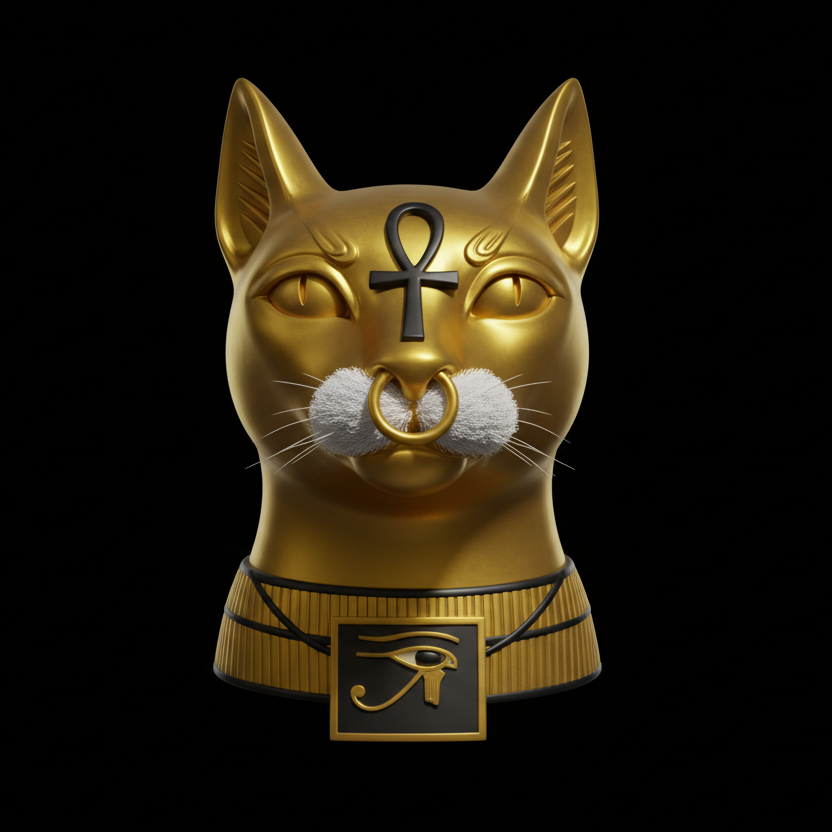 Egyptian cat god head with ankh and eye of Horus symbols on a white background
