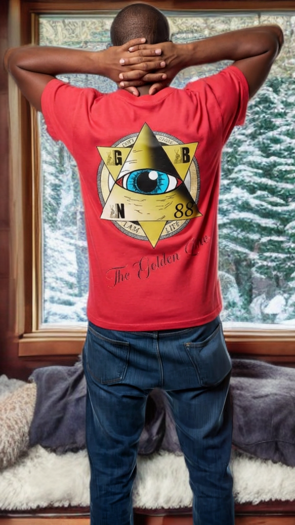Person wearing a red t-shirt with a geometric design, standing in front of a window with a snowy landscape.