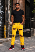 Men’s Yellow Distressed Stacked Jeans – The Golden Line Designer Streetwear Denim