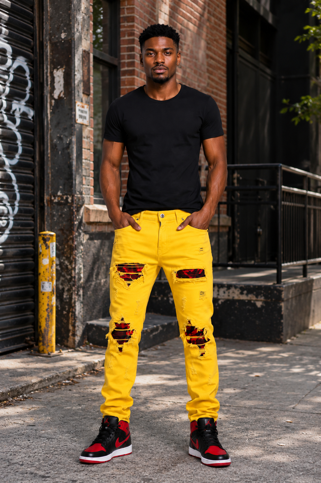 Men’s Yellow Distressed Stacked Jeans – The Golden Line Designer Streetwear Denim