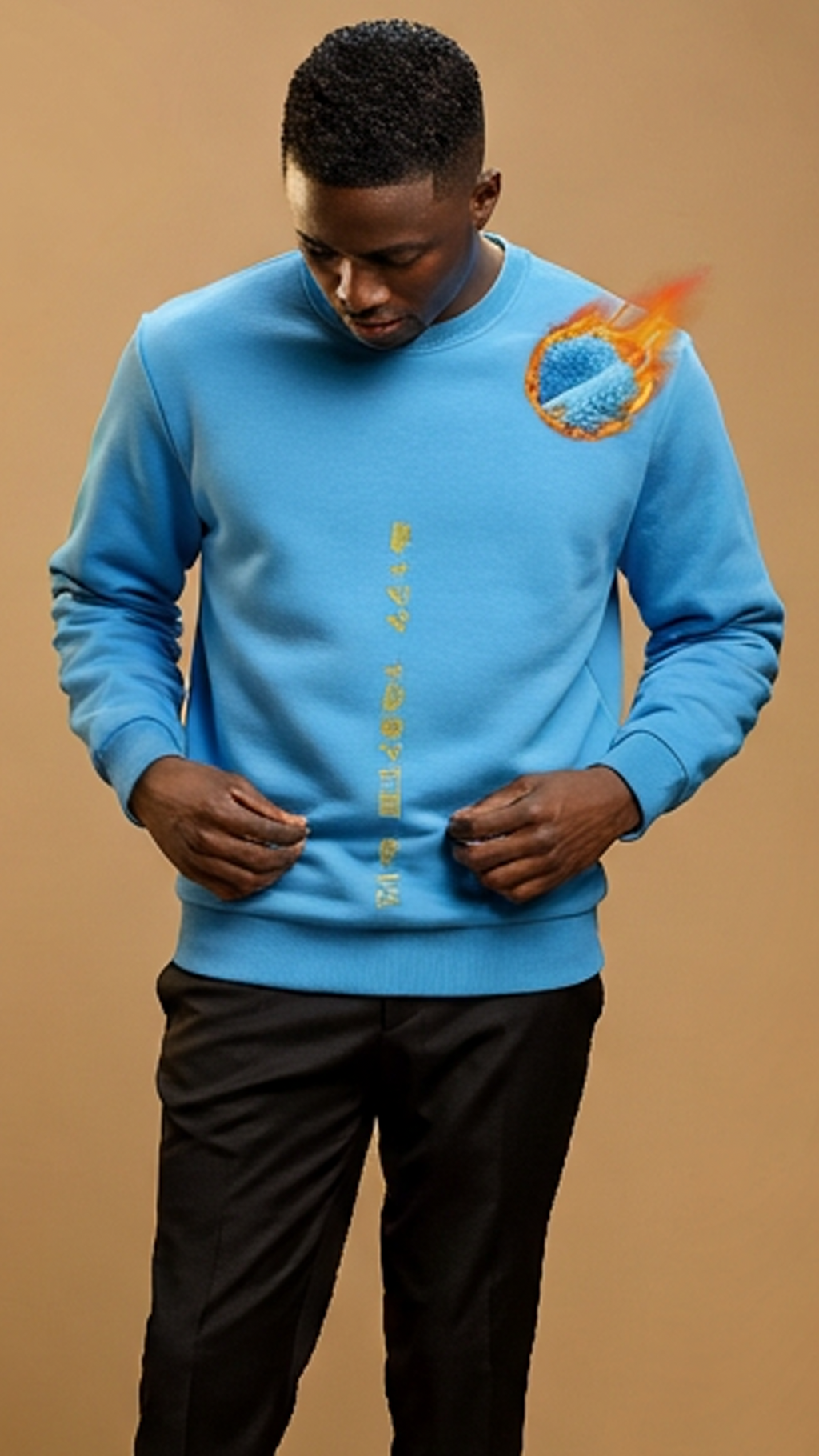 Person wearing a blue sweatshirt with a graphic design on a beige background