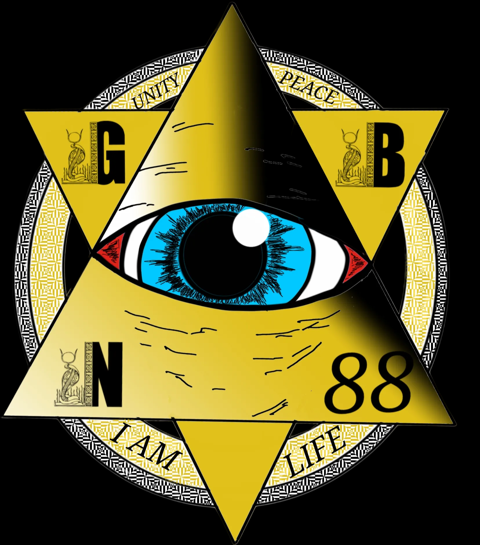Symbol with eye in pyramid and 'I AM LIFE' text on a white background