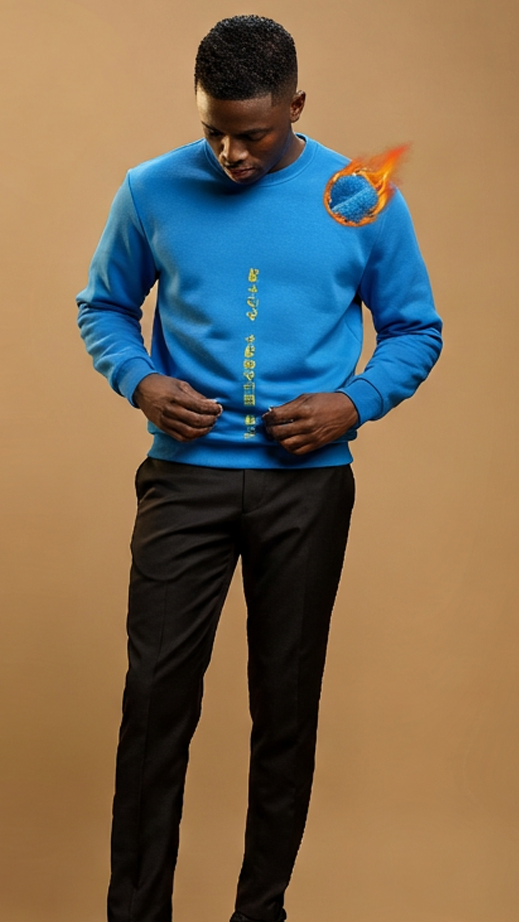 Person wearing a blue sweater with a logo on a brown background