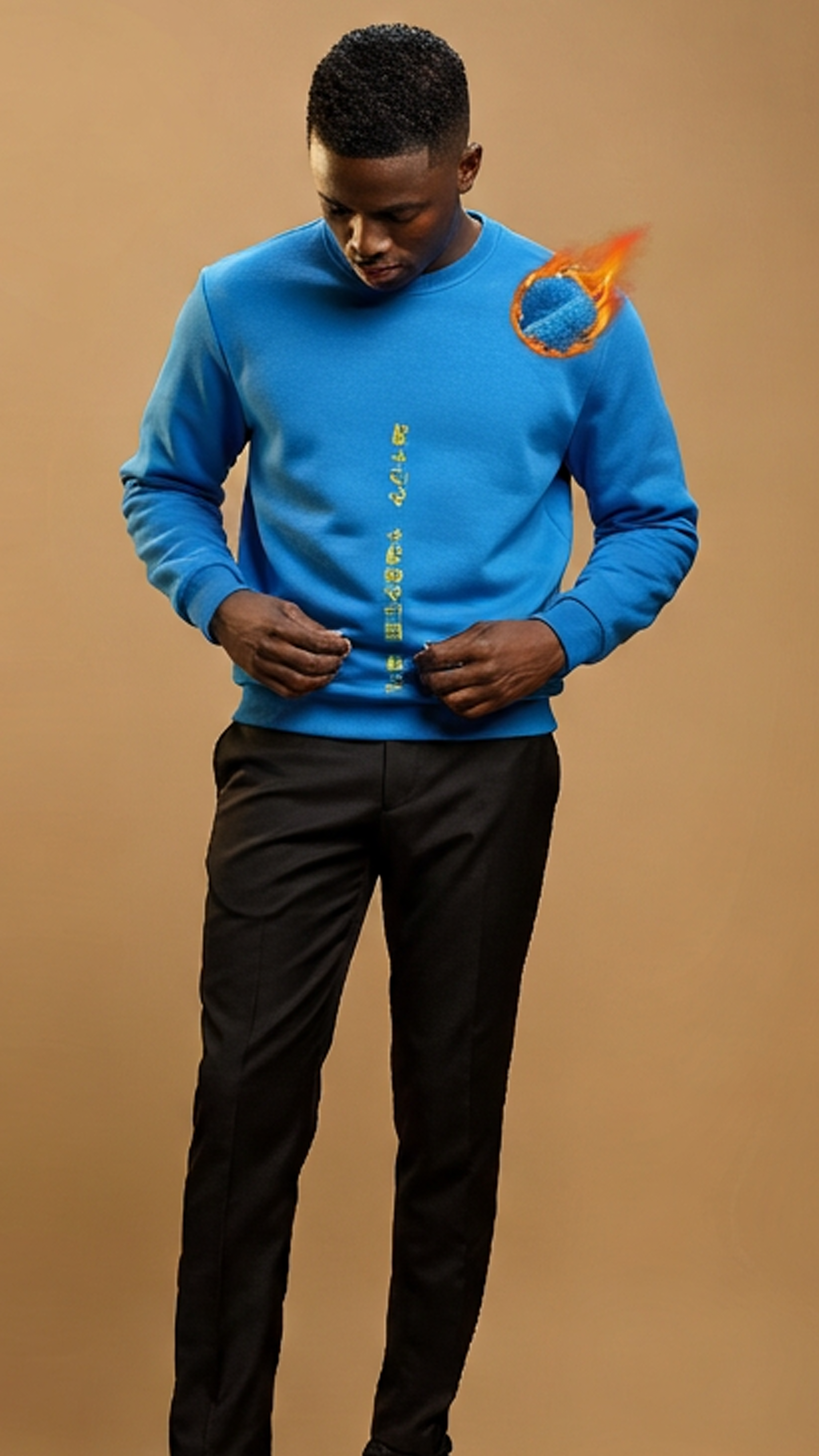Person wearing a blue sweater with a logo on a brown background