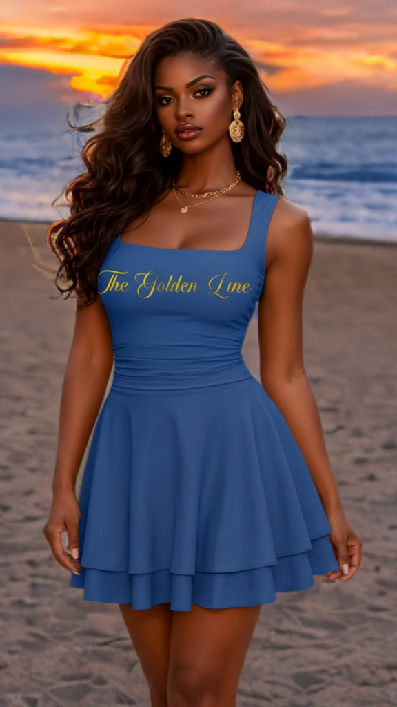 Woman in a blue dress with 'The Golden Line' branding on a beach at sunset.