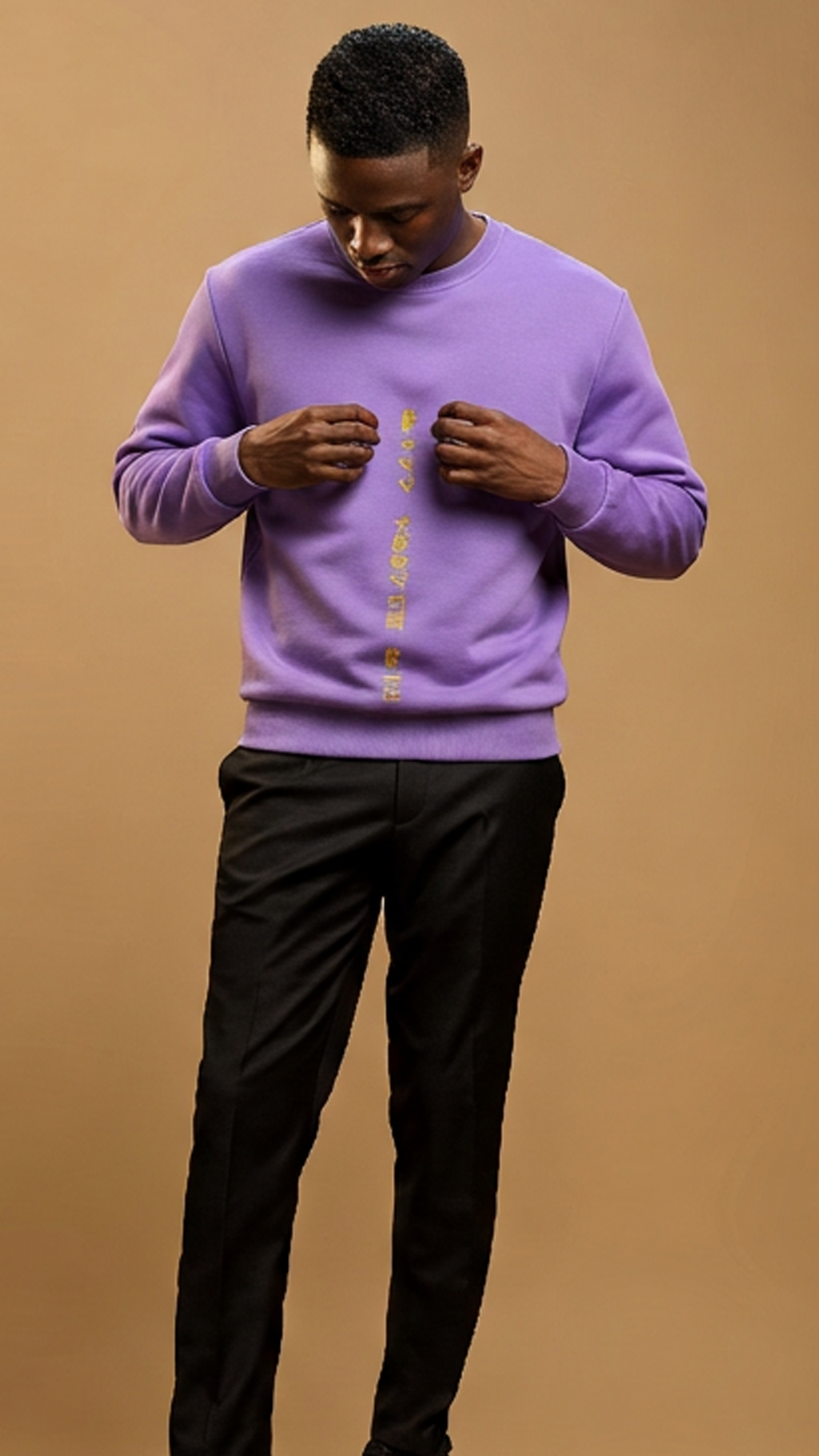 Man wearing a purple sweater and black pants on a beige background
