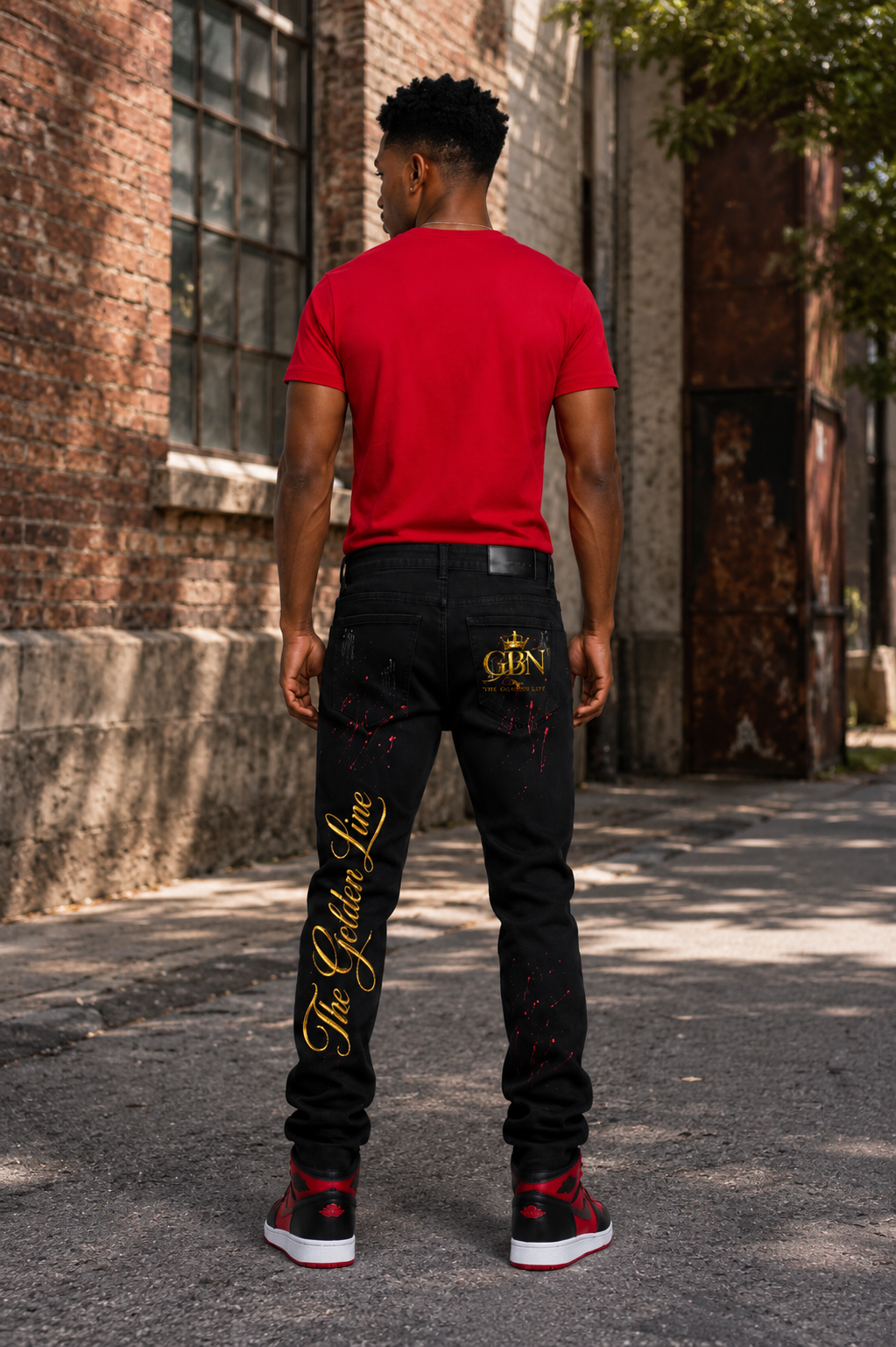 Golden Line Black & Red Distressed Stacked Jeans – Luxury Streetwear Denim