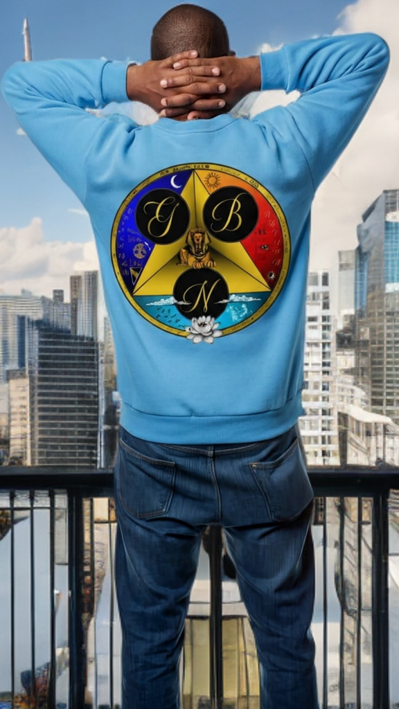 Person wearing a blue sweatshirt with a logo, standing on a balcony with a cityscape background