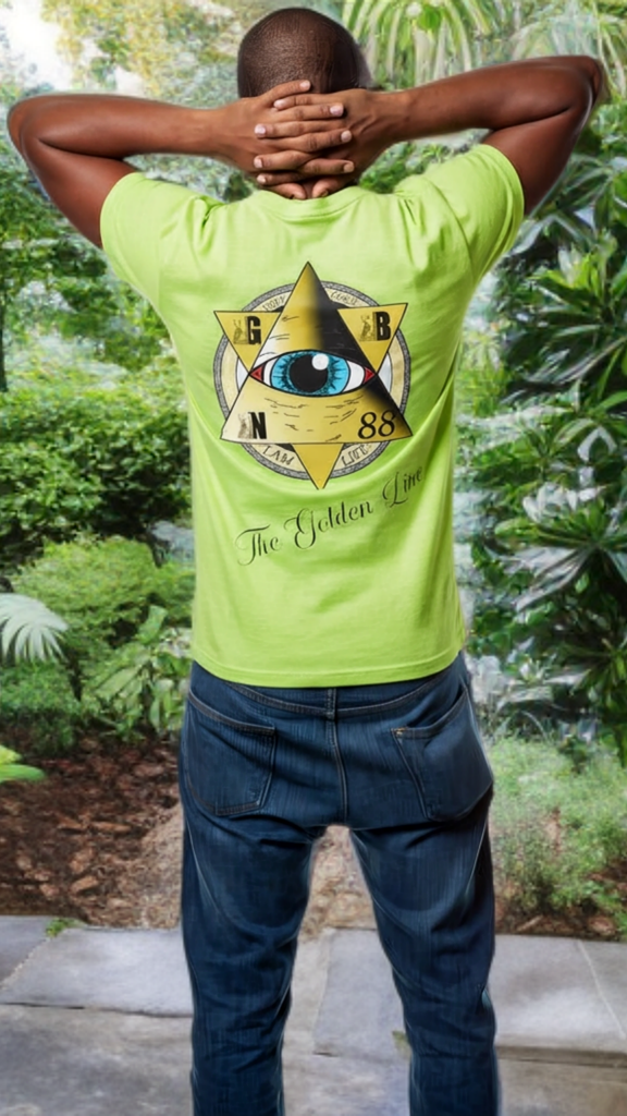 Person wearing a bright green t-shirt with a symbol and text, standing outdoors with greenery in the background.