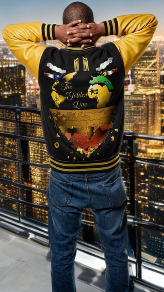 Person wearing a colorful sweater with a cityscape in the background
