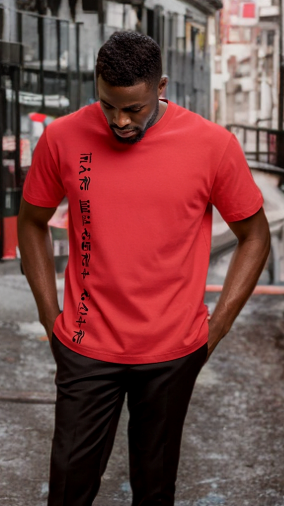 Man wearing a red t-shirt with black text in an urban setting