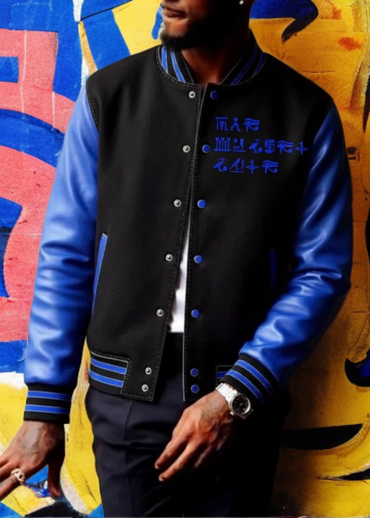 Person wearing a black and blue varsity jacket with text against a colorful abstract background