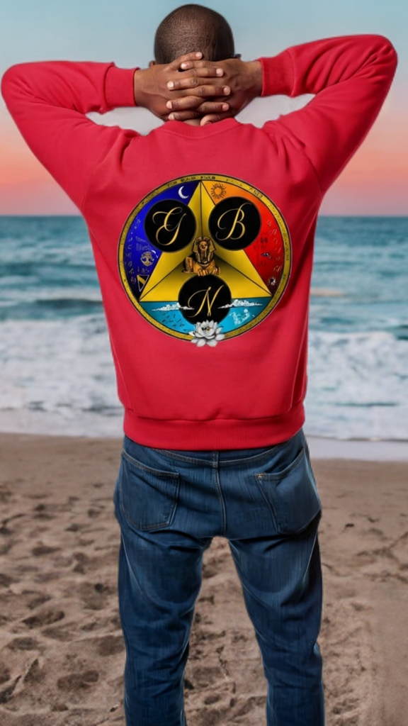 Person wearing a red sweatshirt with a colorful logo on the beach
