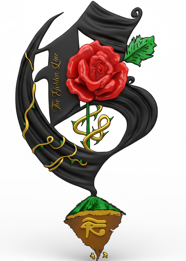 Decorative design with a red rose, green leaves, and black and gold elements on a white background.