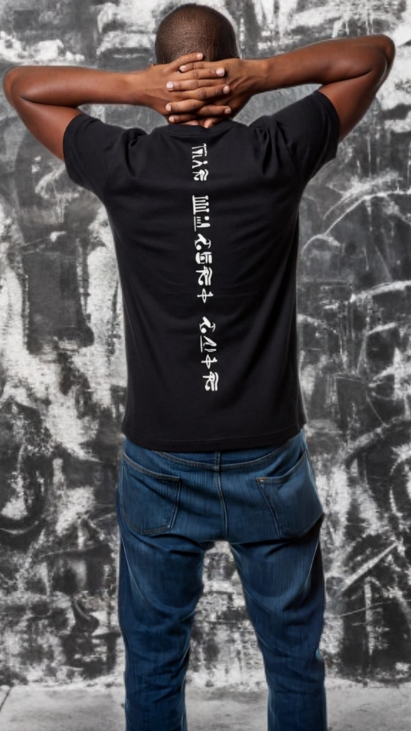 Person wearing a black t-shirt with white text on the back against a textured wall.