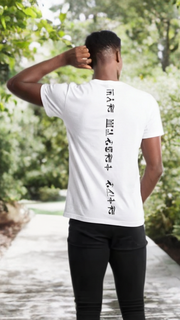 Person wearing a white t-shirt with black text outdoors