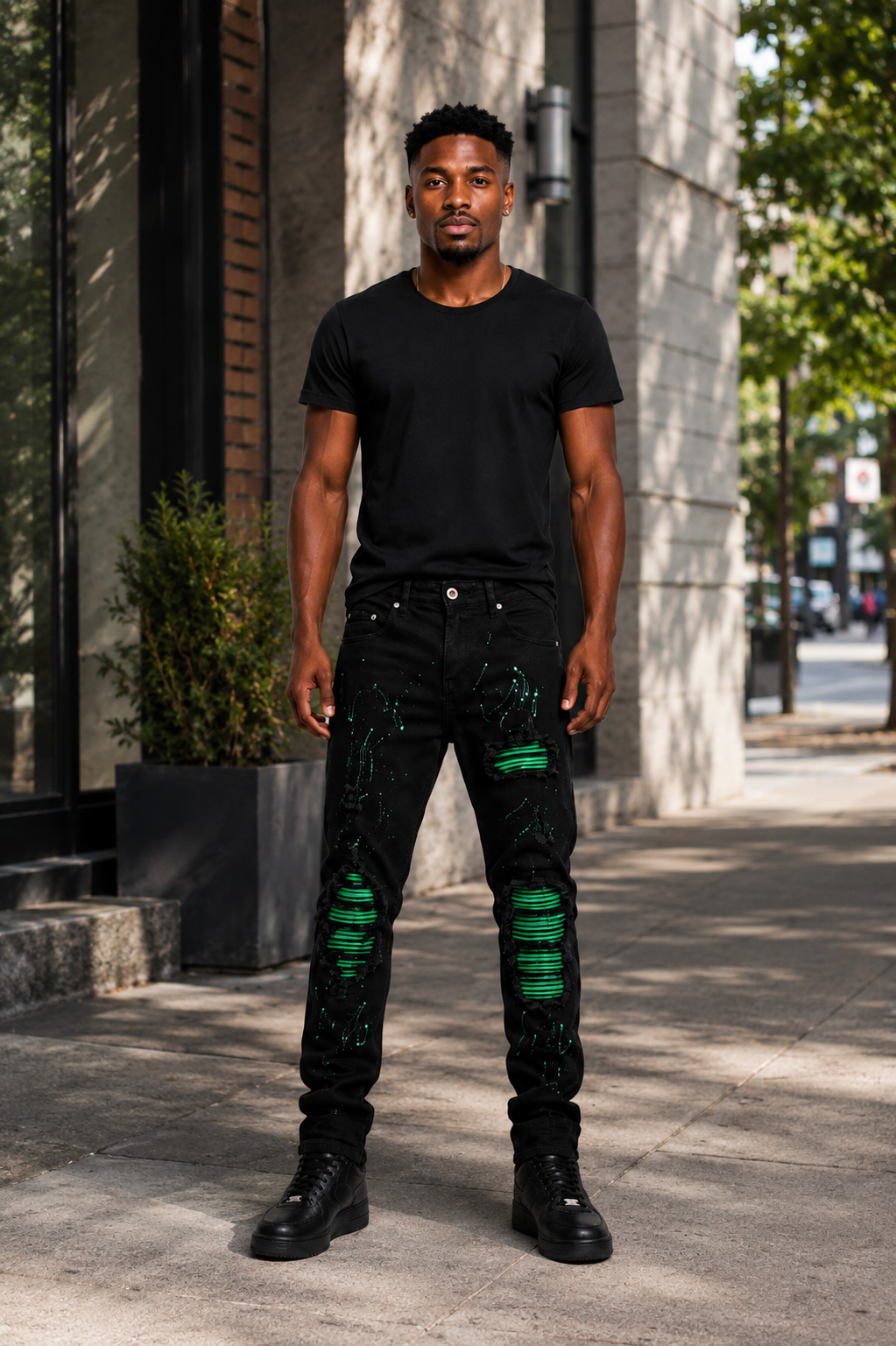 The Golden Line “Emerald Ascension” Distressed Black Denim Jeans